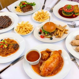 A beautifully arranged dining table featuring a variety of delicious dishes including a perfectly cooked steak, a gourmet burger with fresh toppings, crispy potatoes, flavorful pasta in a rich sauce, and tender chicken