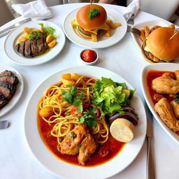 A beautifully arranged dining table featuring a variety of delicious dishes including a perfectly cooked steak, a gourmet burger with fresh toppings, crispy potatoes, flavorful pasta in a rich sauce, and tender chicken