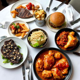 A beautifully arranged dining table featuring a variety of delicious dishes including a perfectly cooked steak, a gourmet burger with fresh toppings, crispy potatoes, flavorful pasta in a rich sauce, and tender chicken