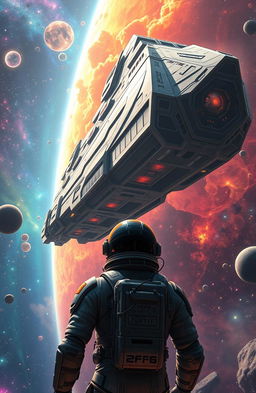 A magnificent futuristic scene depicting a vast spaceship traveling through the cosmos, surrounded by vibrant nebulae and distant stars