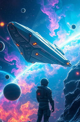 A magnificent futuristic scene depicting a vast spaceship traveling through the cosmos, surrounded by vibrant nebulae and distant stars