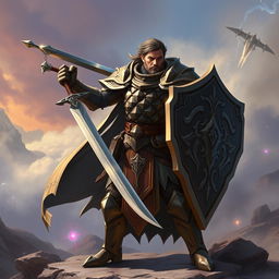 A formidable male Human Eldritch Knight Fighter standing in a powerful stance, brandishing a finely crafted sword in one hand and a robust shield in the other