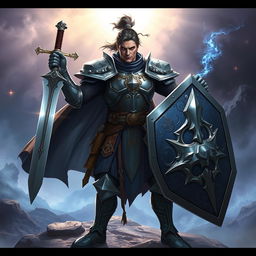 A formidable male Human Eldritch Knight Fighter standing in a powerful stance, brandishing a finely crafted sword in one hand and a robust shield in the other