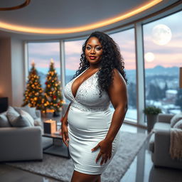 Full-body image of a curvy, mature MILF woman, aged 45, who is stunningly beautiful and sexy