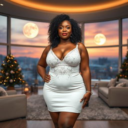 Full-body image of a curvy, mature MILF woman, aged 45, who is stunningly beautiful and sexy
