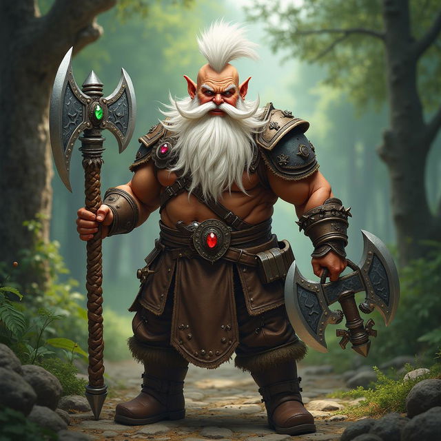 A fierce dwarf paladin with tan skin, featuring a striking white mohawk hairstyle