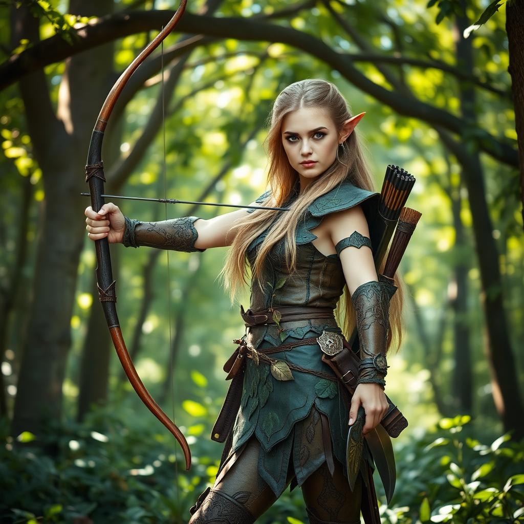 A female Wood Elf Hunter Ranger standing gracefully in a lush forest, skillfully holding a longbow in one hand and a dagger in the other