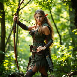 A female Wood Elf Hunter Ranger standing gracefully in a lush forest, skillfully holding a longbow in one hand and a dagger in the other