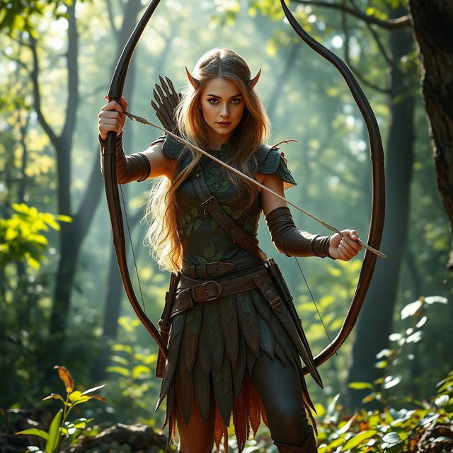 A female Wood Elf Hunter Ranger standing gracefully in a lush forest, skillfully holding a longbow in one hand and a dagger in the other