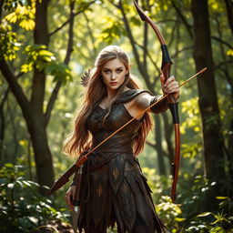 A female Wood Elf Hunter Ranger standing gracefully in a lush forest, skillfully holding a longbow in one hand and a dagger in the other