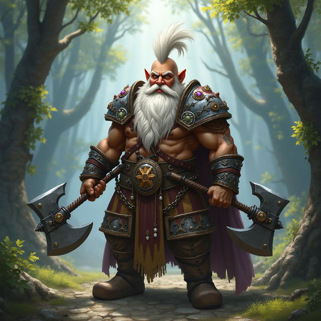 A dwarf paladin with tan skin, featuring a striking white mohawk and a thick, intricately braided white beard adorned with colorful jewels