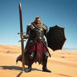 A gritty male Human Eldritch Knight Fighter standing resolutely in a vast desert landscape, gripping a magnificent sword in one hand and a sturdy shield in the other