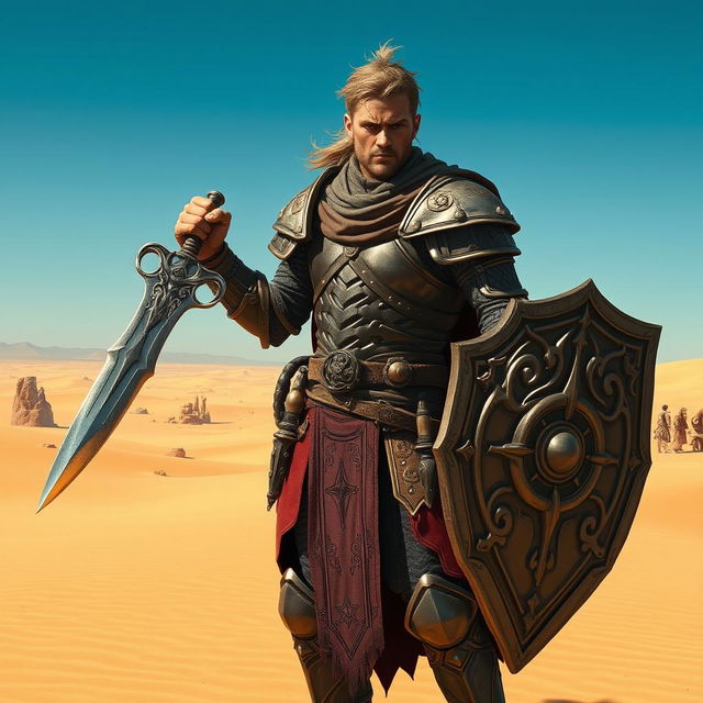 A gritty male Human Eldritch Knight Fighter standing resolutely in a vast desert landscape, gripping a magnificent sword in one hand and a sturdy shield in the other