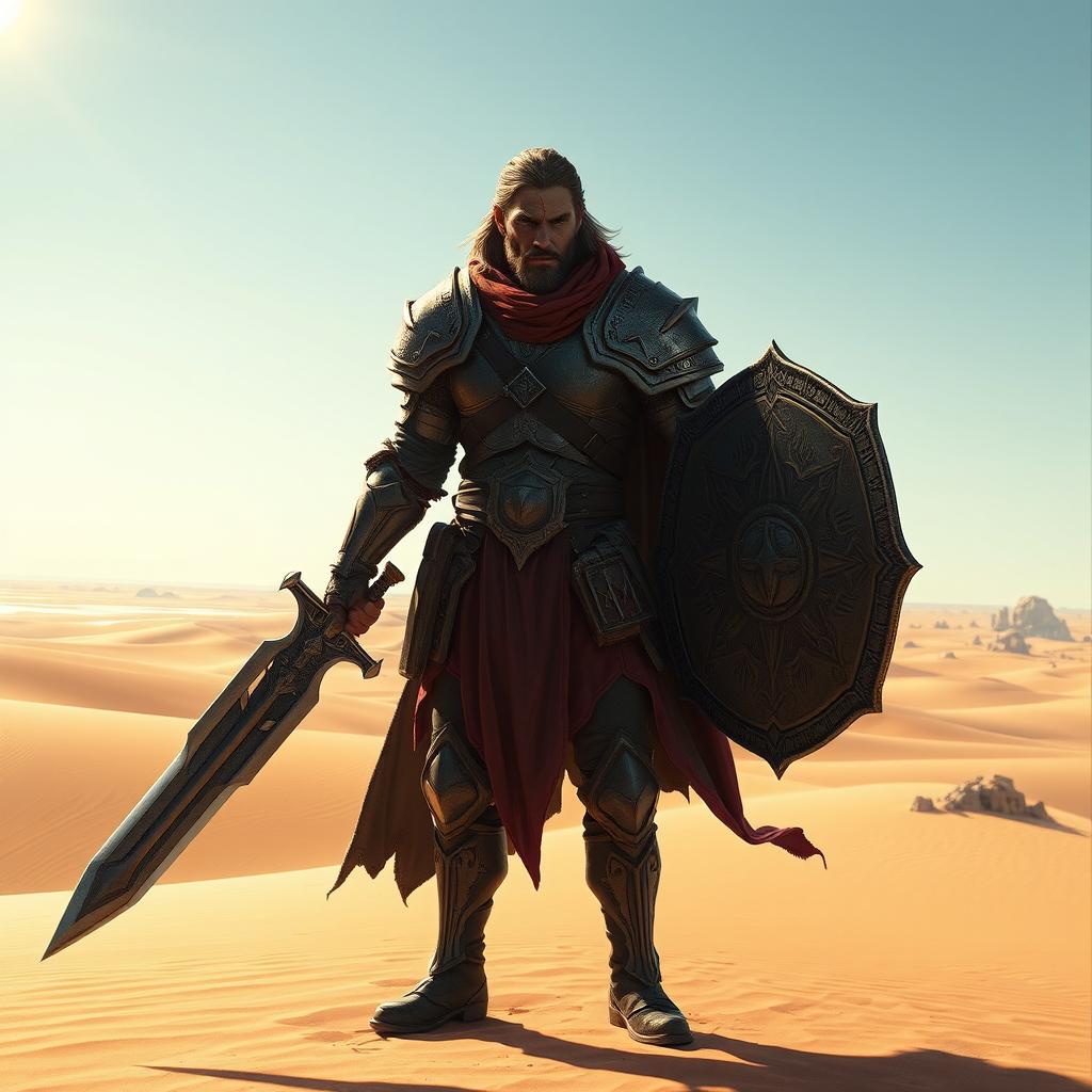 A gritty male Human Eldritch Knight Fighter standing resolutely in a vast desert landscape, gripping a magnificent sword in one hand and a sturdy shield in the other