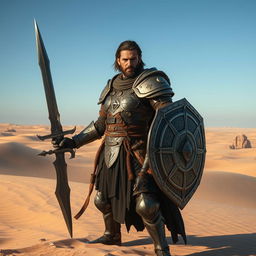 A gritty male Human Eldritch Knight Fighter standing resolutely in a vast desert landscape, gripping a magnificent sword in one hand and a sturdy shield in the other