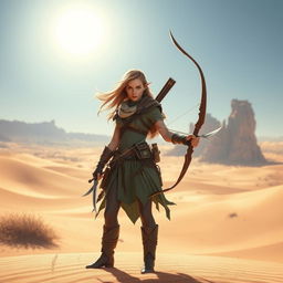 A striking female Wood Elf Hunter Ranger standing in a vast desert landscape, skillfully holding a longbow in one hand and a dagger in the other