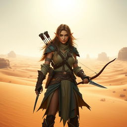 A striking female Wood Elf Hunter Ranger standing in a vast desert landscape, skillfully holding a longbow in one hand and a dagger in the other