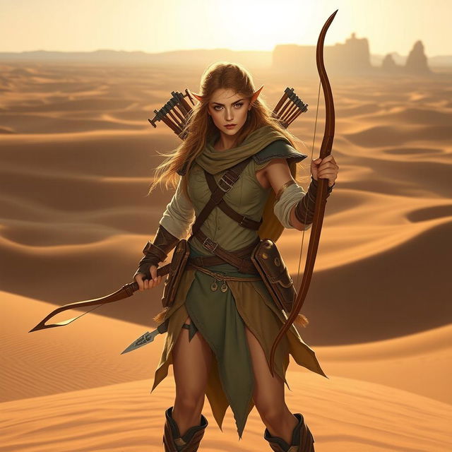 A striking female Wood Elf Hunter Ranger standing in a vast desert landscape, skillfully holding a longbow in one hand and a dagger in the other