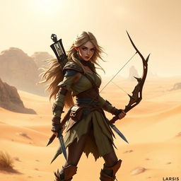 A striking female Wood Elf Hunter Ranger standing in a vast desert landscape, skillfully holding a longbow in one hand and a dagger in the other