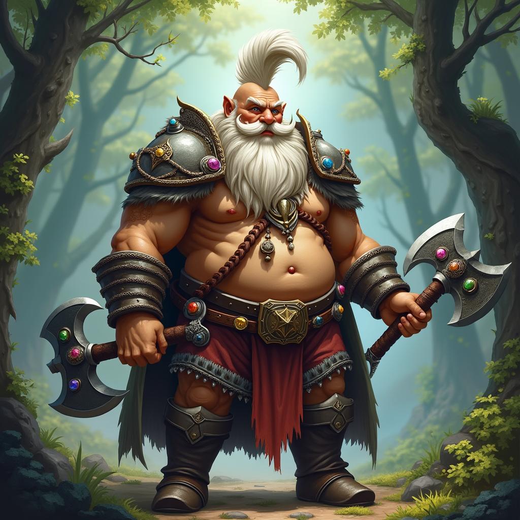 A stout dwarf paladin with tan skin and a prominent big belly, proudly showcasing his white braided mohawk and a thick, intricately braided white beard adorned with colorful jewels