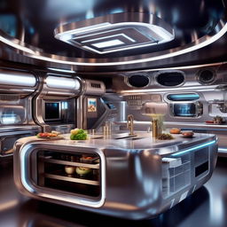 A highly advanced futuristic kitchen with sci-fi elements such as holographic appliances, sleek metallic surfaces, and innovative technology.