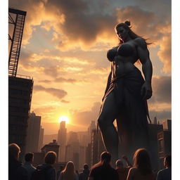 A dramatic scene featuring a giantess towering over a cityscape, her figure exhibiting incredible strength and power