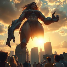 A dramatic scene featuring a giantess towering over a cityscape, her figure exhibiting incredible strength and power