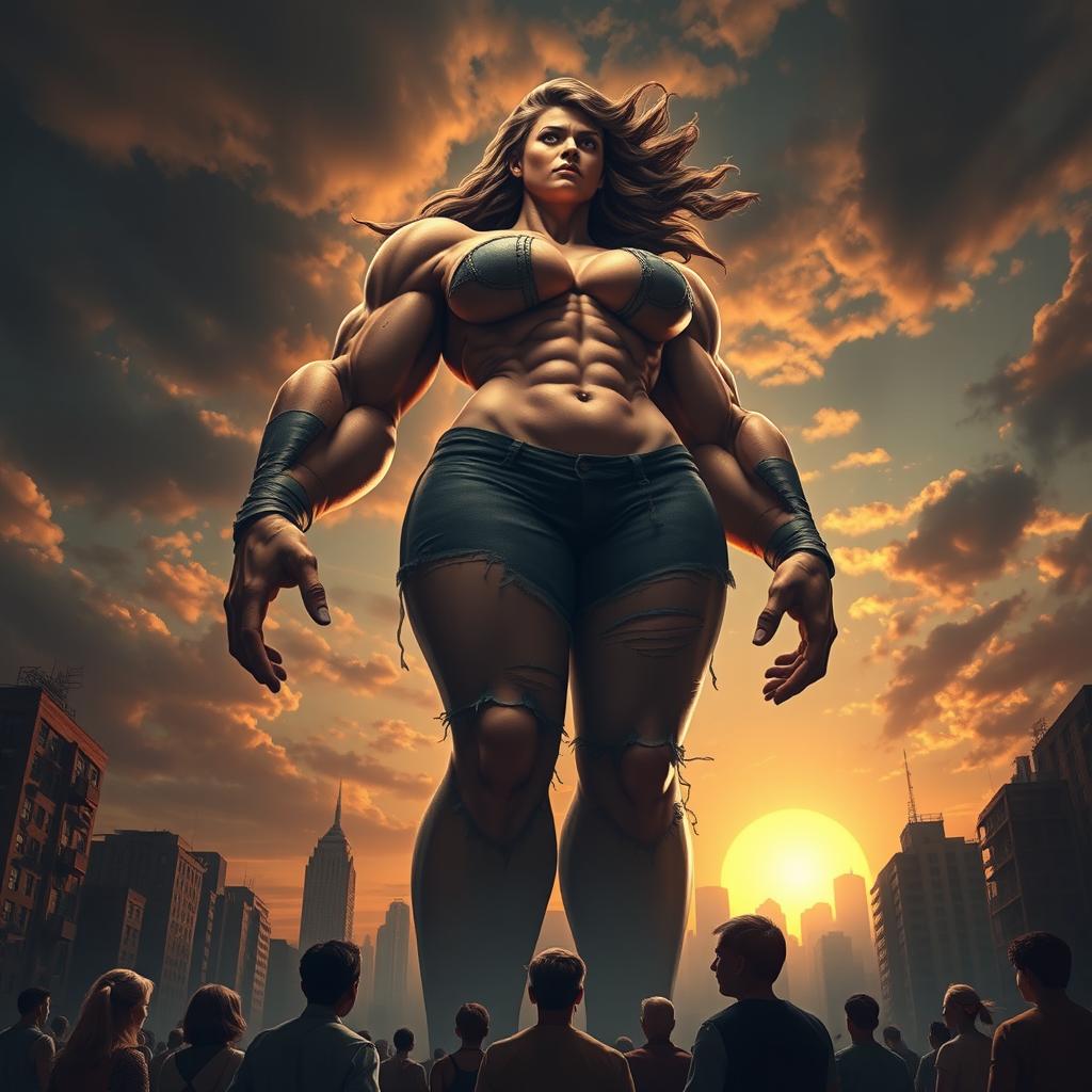 A dramatic scene featuring a giantess towering over a cityscape, her figure exhibiting incredible strength and power