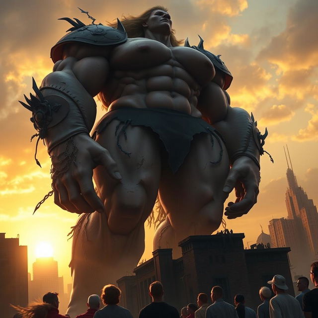 A dramatic scene featuring a giantess towering over a cityscape, her figure exhibiting incredible strength and power