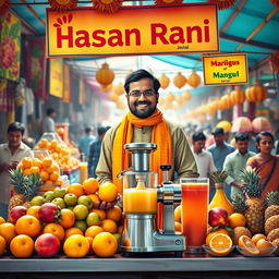 A vibrant and colorful depiction of a traditional Indian juice vendor named Hassan Rani, standing proudly behind his stall overflowing with fresh fruits like oranges, mangoes, and pineapples