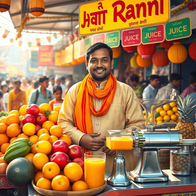 A vibrant and colorful depiction of a traditional Indian juice vendor named Hassan Rani, standing proudly behind his stall overflowing with fresh fruits like oranges, mangoes, and pineapples