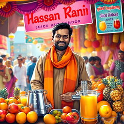 A vibrant and colorful depiction of a traditional Indian juice vendor named Hassan Rani, standing proudly behind his stall overflowing with fresh fruits like oranges, mangoes, and pineapples