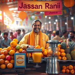 A vibrant and colorful depiction of a traditional Indian juice vendor named Hassan Rani, standing proudly behind his stall overflowing with fresh fruits like oranges, mangoes, and pineapples