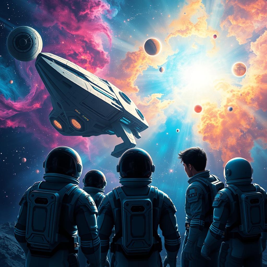 A vibrant and captivating digital art scene depicting space exploration for a sci-fi book cover