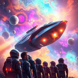 A vibrant and captivating digital art scene depicting space exploration for a sci-fi book cover