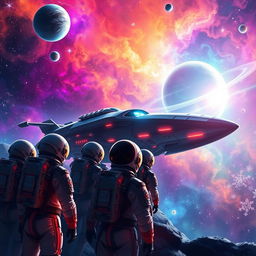 A vibrant and captivating digital art scene depicting space exploration for a sci-fi book cover