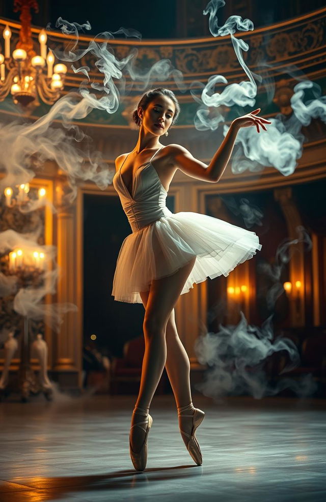 A stunningly elegant ballet dancer performing an expressive dance with delicate movements, wearing a classical tutu and ballet shoes