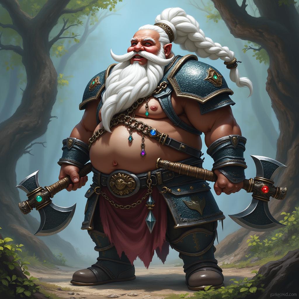 In a D&D style, a dark-skinned dwarf paladin stands proudly, his big belly accentuated by the chainmail armor that provides both protection and a sense of his robust character