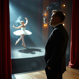 A captivating scene featuring a man in formal evening attire, elegantly smoking a cigarette while admiring a ballerina in the spotlight