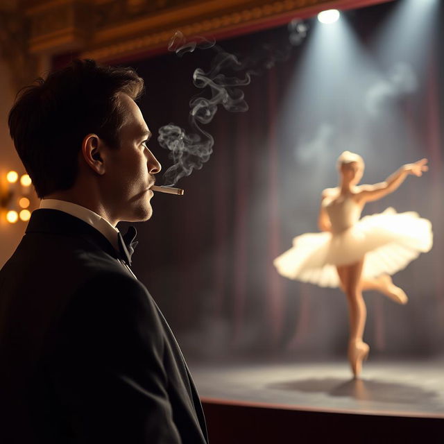 A captivating scene featuring a man in formal evening attire, elegantly smoking a cigarette while admiring a ballerina in the spotlight