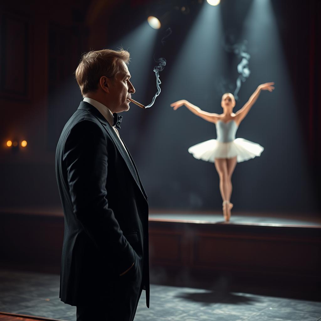 A captivating scene featuring a man in formal evening attire, elegantly smoking a cigarette while admiring a ballerina in the spotlight