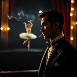 A captivating scene featuring a man in formal evening attire, elegantly smoking a cigarette while admiring a ballerina in the spotlight