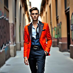 A person wearing an elegant Brayden-style outfit, which features a tailored blazer with modern cuts, paired with fitted trousers