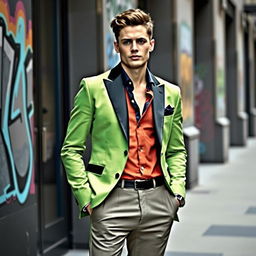 A person wearing an elegant Brayden-style outfit, which features a tailored blazer with modern cuts, paired with fitted trousers