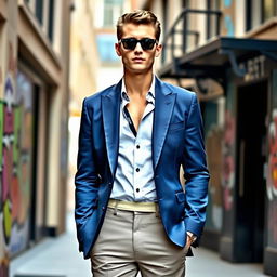 A person wearing an elegant Brayden-style outfit, which features a tailored blazer with modern cuts, paired with fitted trousers