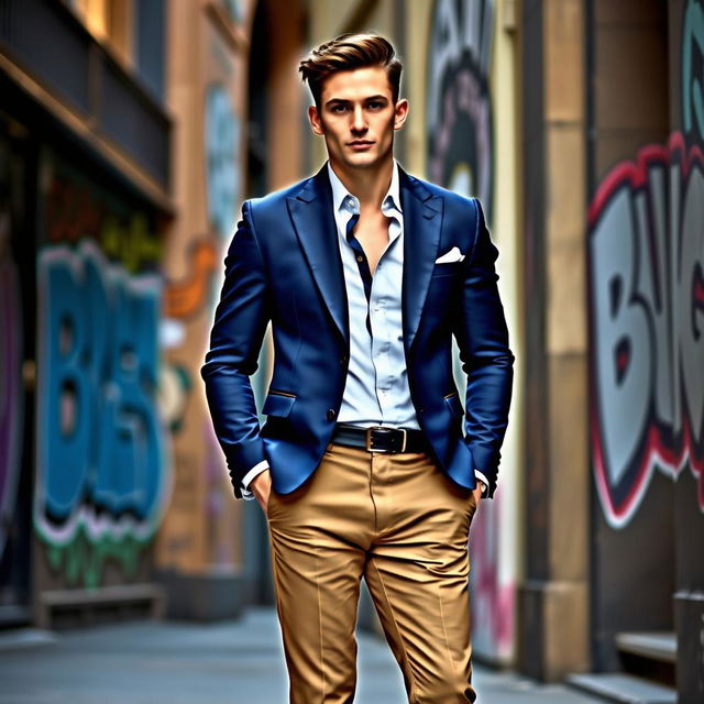 A person wearing an elegant Brayden-style outfit, which features a tailored blazer with modern cuts, paired with fitted trousers