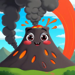 An animated volcano with expressive eyes and a mouth, erupting lava and ash in a lively and colorful scene