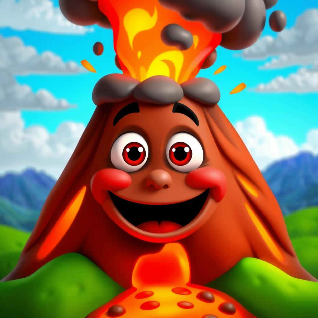 An animated volcano with expressive eyes and a mouth, erupting lava and ash in a lively and colorful scene