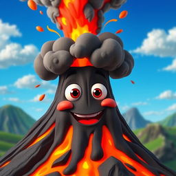 An animated volcano with expressive eyes and a mouth, erupting lava and ash in a lively and colorful scene