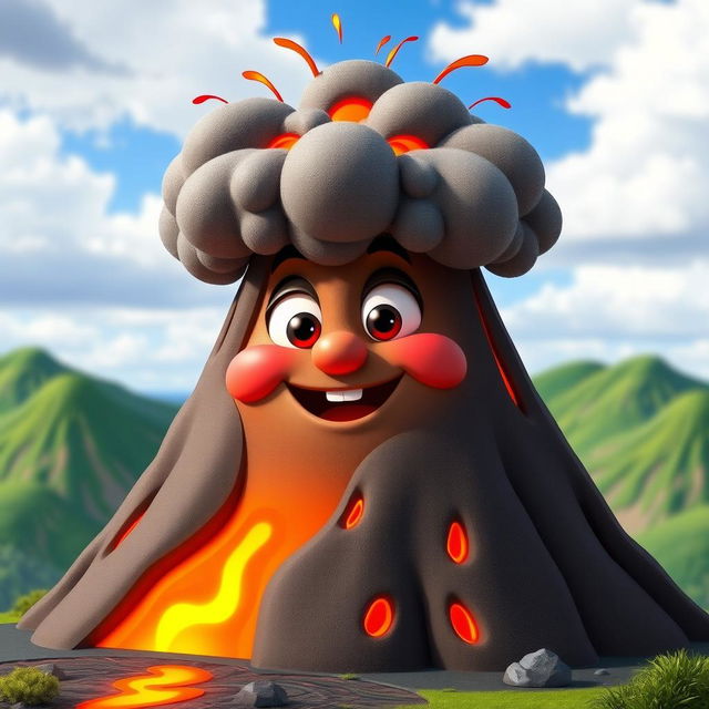 An animated volcano with expressive eyes and a mouth, erupting lava and ash in a lively and colorful scene